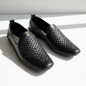 Black woven leather loafers for men with slip-on design and premium finish