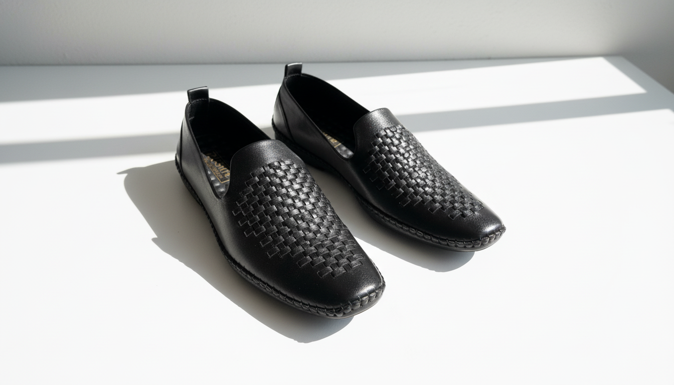 Black woven leather loafers for men with slip-on design and premium finish